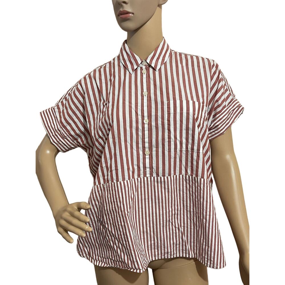 MADEWELL Popover Oversized Striped Blouse Top Short Dolman Sleeves Hi-Low Hem XS